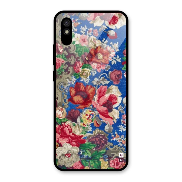 Block Printed Flowers Glass Back Case for Redmi 9A