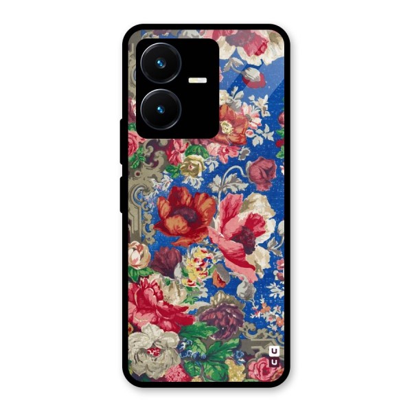 Block Printed Flowers Glass Back Case for Vivo Y22