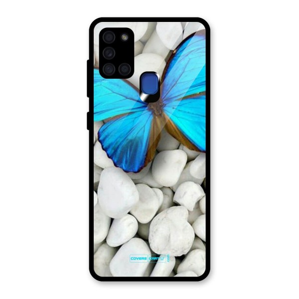 Blue Butterfly Glass Back Case for Galaxy A21s