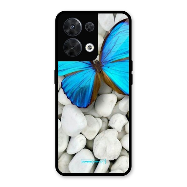 Blue Butterfly Glass Back Case for Oppo Reno8 5G