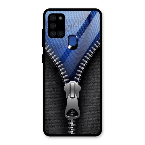 Blue Zipper Glass Back Case for Galaxy A21s