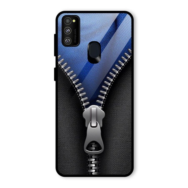 Blue Zipper Glass Back Case for Galaxy M21