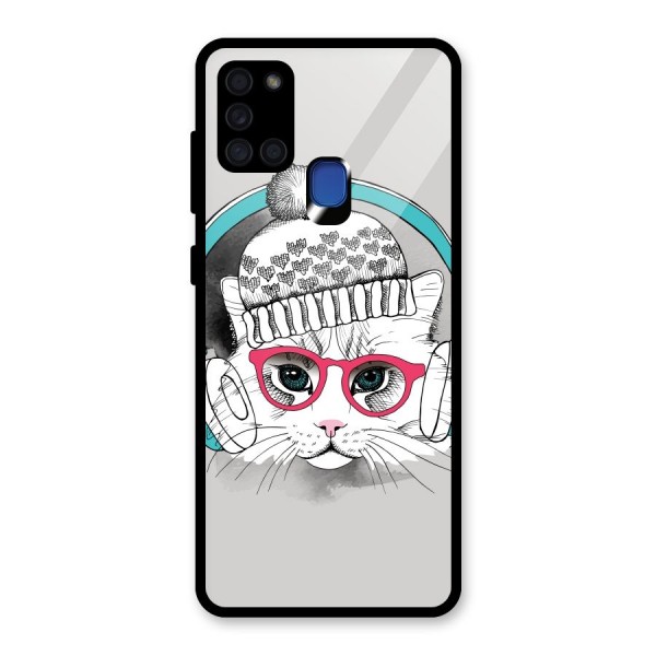 Cat Headphones Glass Back Case for Galaxy A21s