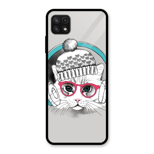 Cat Headphones Glass Back Case for Galaxy A22 5G