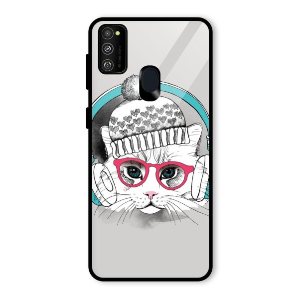 Cat Headphones Glass Back Case for Galaxy M21