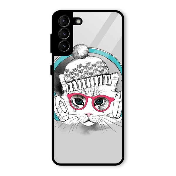 Cat Headphones Glass Back Case for Galaxy S21 Plus