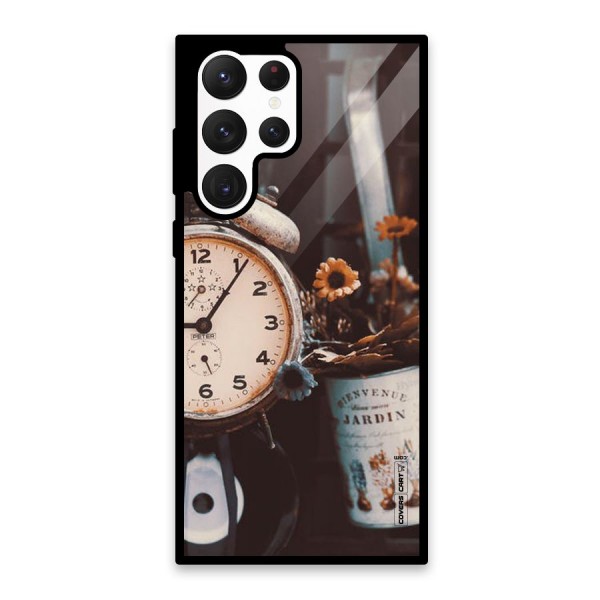Clock And Flowers Glass Back Case for Galaxy S22 Ultra 5G