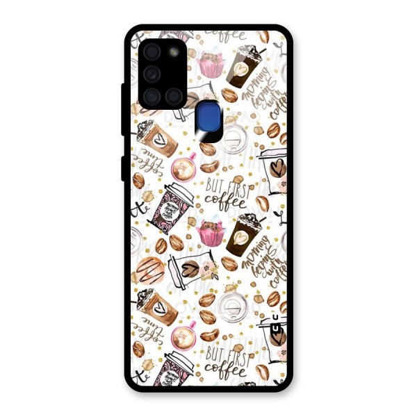 Coffee Pattern Glass Back Case for Galaxy A21s