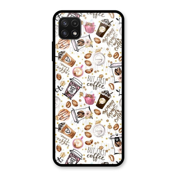 Coffee Pattern Glass Back Case for Galaxy A22 5G