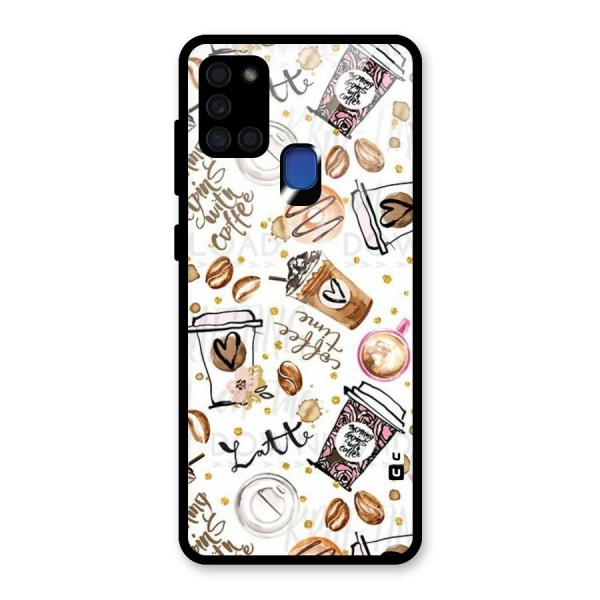 Cute Coffee Pattern Glass Back Case for Galaxy A21s