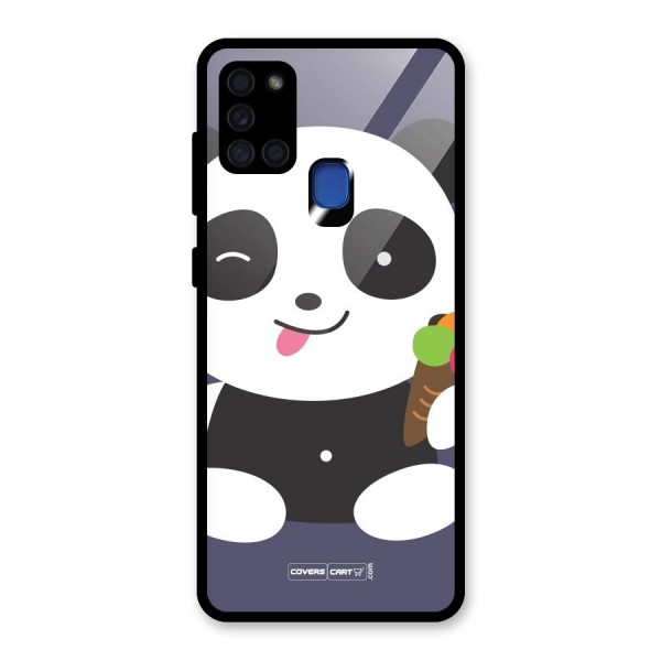 Cute Panda Blue Glass Back Case for Galaxy A21s