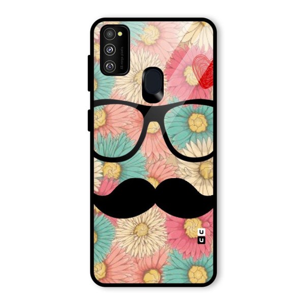 Floral Moustache Glass Back Case for Galaxy M21