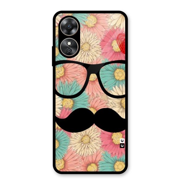 Floral Moustache Glass Back Case for Oppo A17