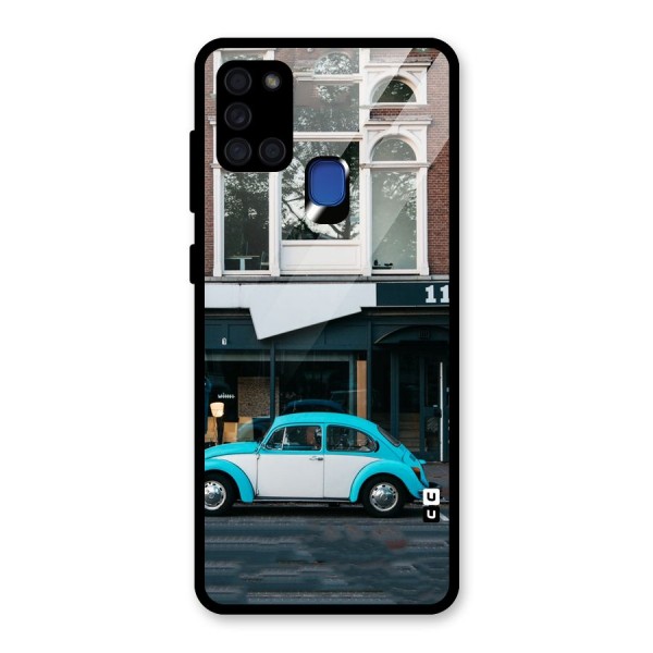 Mini Blue Car Glass Back Case for Galaxy A21s