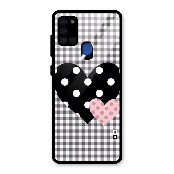 Polka Check Hearts Glass Back Case for Galaxy A21s