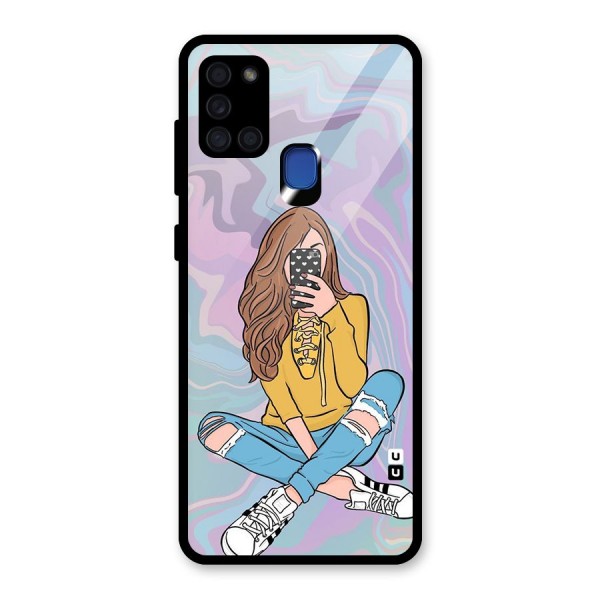 Selfie Girl Illustration Glass Back Case for Galaxy A21s