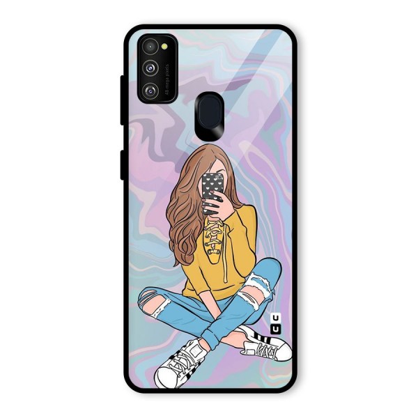 Selfie Girl Illustration Glass Back Case for Galaxy M21