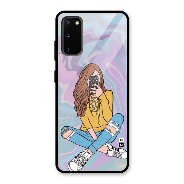 Selfie Girl Illustration Glass Back Case for Galaxy S20