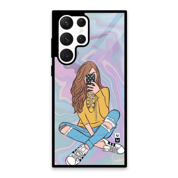 Selfie Girl Illustration Glass Back Case for Galaxy S22 Ultra 5G