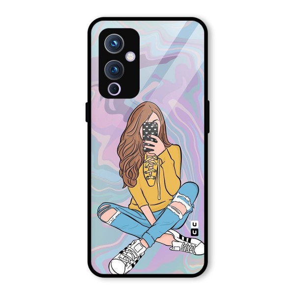 Selfie Girl Illustration Glass Back Case for OnePlus 9