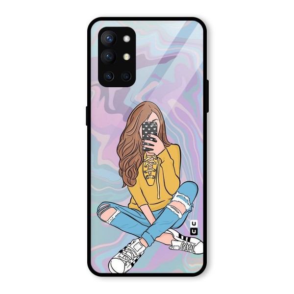 Selfie Girl Illustration Glass Back Case for OnePlus 9R