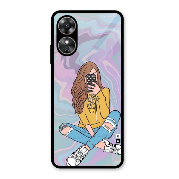 Selfie Girl Illustration Glass Back Case for Oppo A17