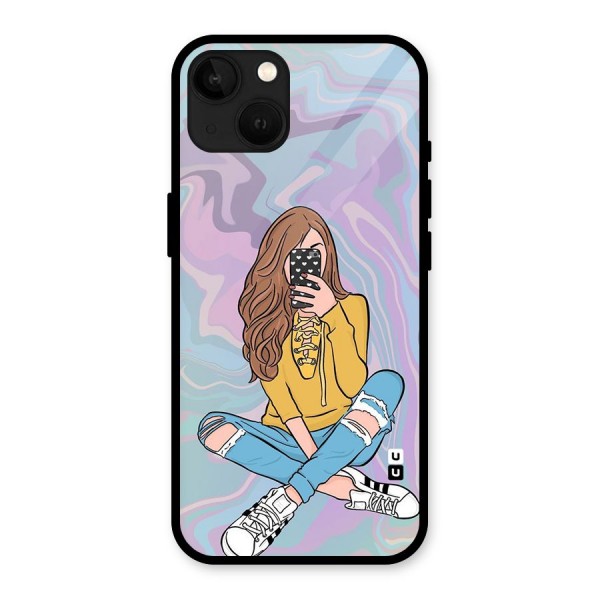 Selfie Girl Illustration Glass Back Case for iPhone 13