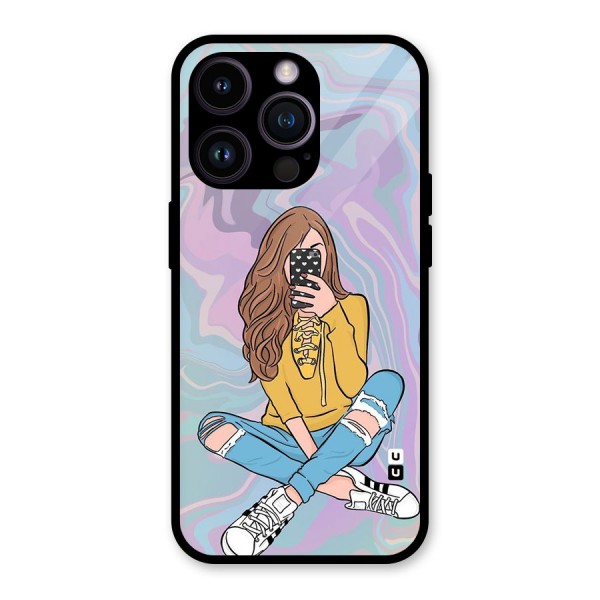 Selfie Girl Illustration Glass Back Case for iPhone 14 Pro