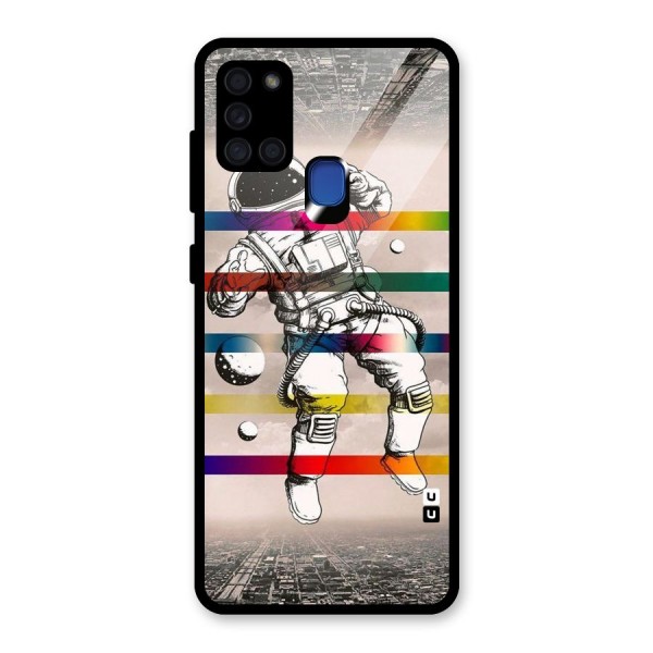 Spaceman Rainbow Stripes Glass Back Case for Galaxy A21s