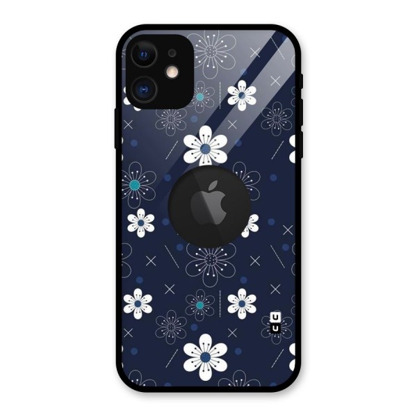 White Floral Shapes Glass Back Case for iPhone 11 Logo Cut