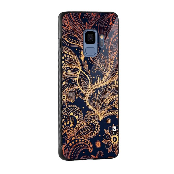 Classy Golden Leafy Design Glass Back Case for Galaxy S9