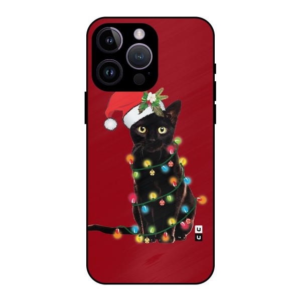 Christmas Cap Cat Metal Back Case for iPhone 14 Pro Max