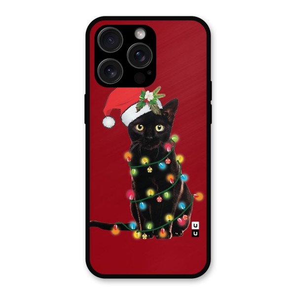 Christmas Cap Cat Metal Back Case for iPhone 15 Pro Max