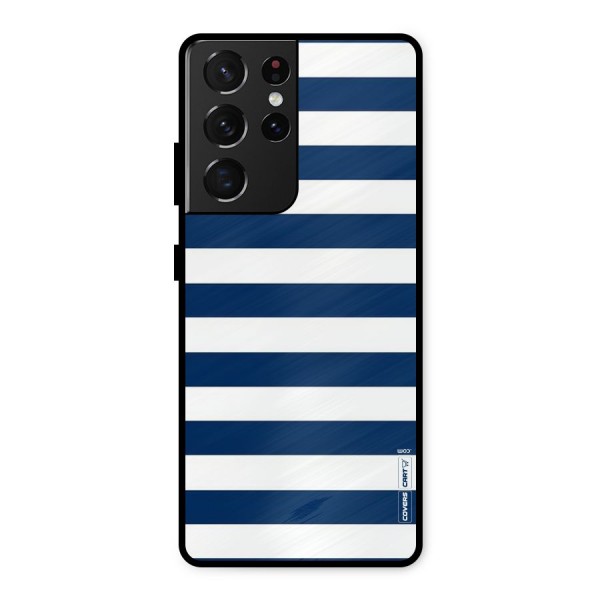Classic Blue White Stripes Metal Back Case for Galaxy S21 Ultra 5G