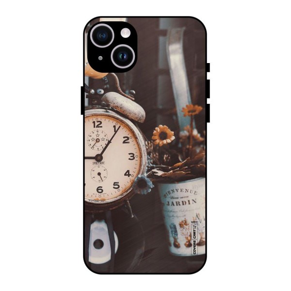 Clock And Flowers Metal Back Case for iPhone 14 Plus