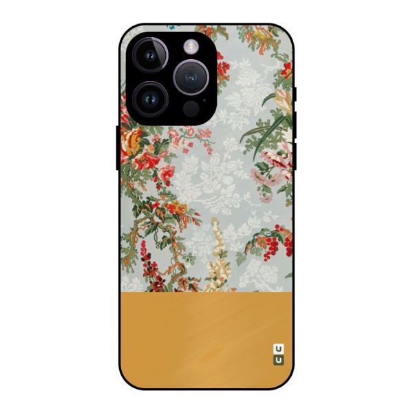 Golden Stripe on Floral Metal Back Case for iPhone 14 Pro Max