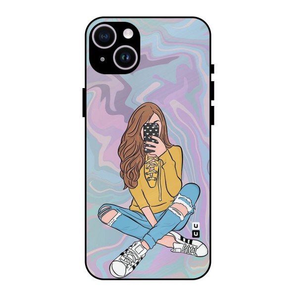 Selfie Girl Illustration Metal Back Case for iPhone 14 Plus