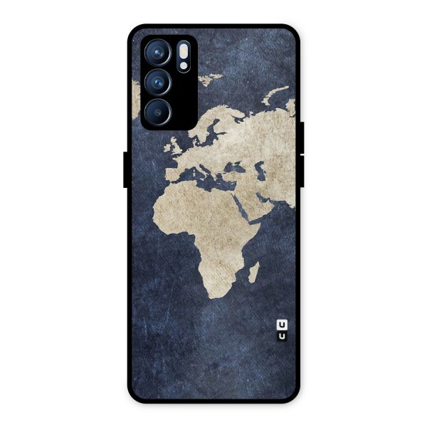 World Map Blue Gold Metal Back Case for Oppo Reno6 5G