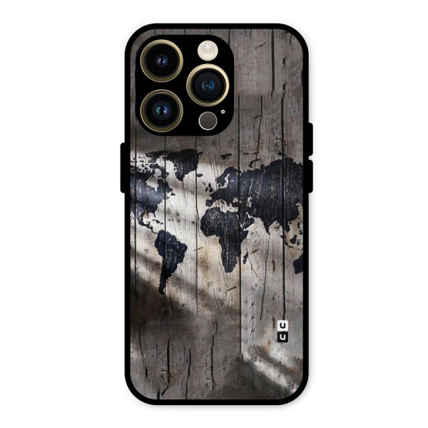 World Map Wood Design Metal Back Case for iPhone 14 Pro