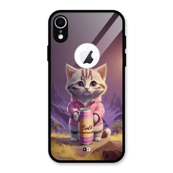 Cat Holding Can Glass Back Case for iPhone XR Logo Cut