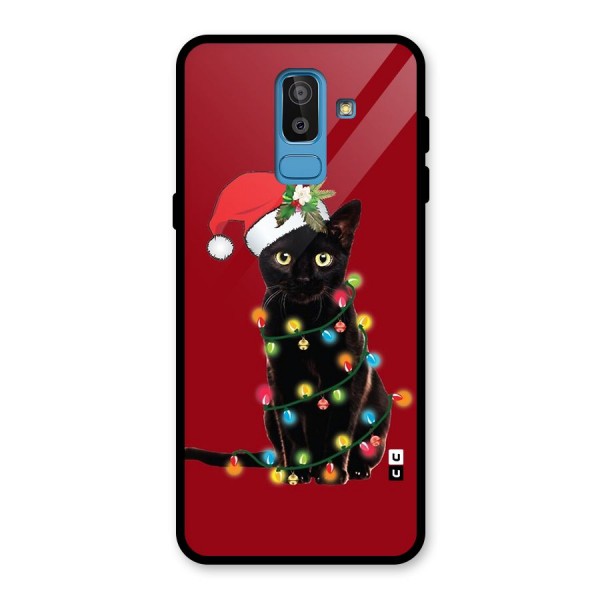 Christmas Cap Cat Glass Back Case for Galaxy J8