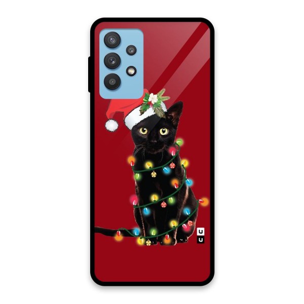 Christmas Cap Cat Glass Back Case for Galaxy M32 5G