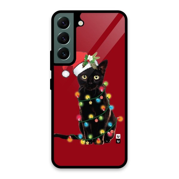 Christmas Cap Cat Glass Back Case for Galaxy S22 5G