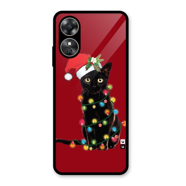 Christmas Cap Cat Glass Back Case for Oppo A17