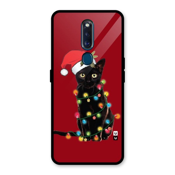 Christmas Cap Cat Glass Back Case for Oppo F11 Pro