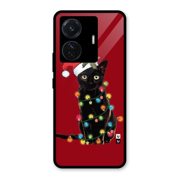 Christmas Cap Cat Glass Back Case for Vivo T1 Pro