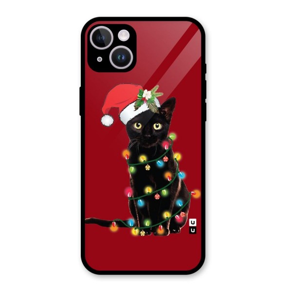 Christmas Cap Cat Glass Back Case for iPhone 14 Plus