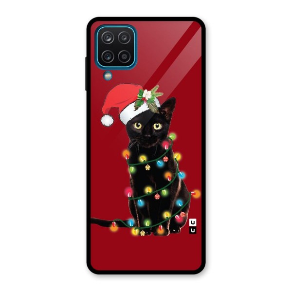 Christmas Cap Cute Cat Glass Back Case for Galaxy A12