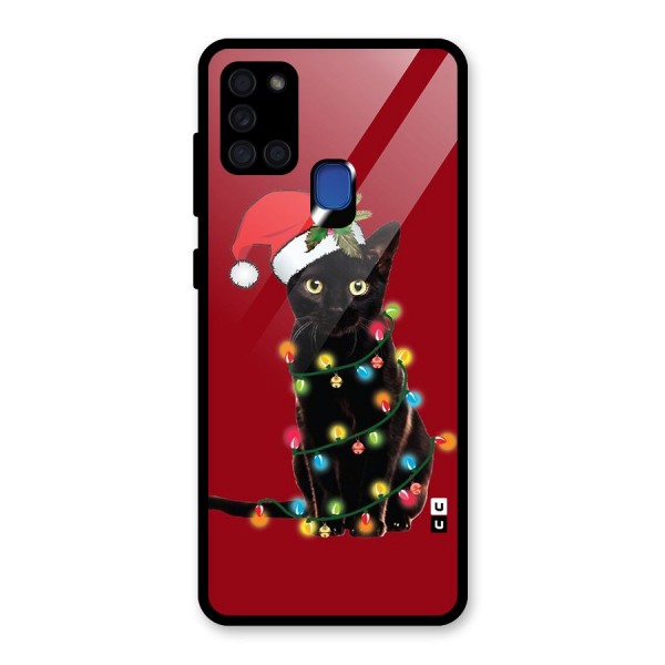 Christmas Cap Cute Cat Glass Back Case for Galaxy A21s