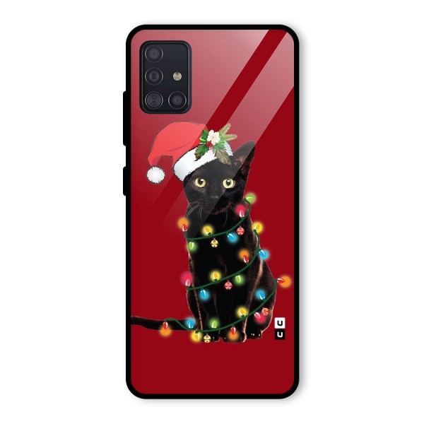 Christmas Cap Cute Cat Glass Back Case for Galaxy A51